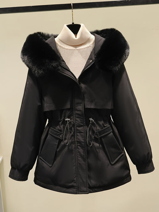 Women's Winter Parka - Casual Long Sleeve, Faux Fur Hooded Coat with Drawstring Waist & Plush Lining for Warmth
