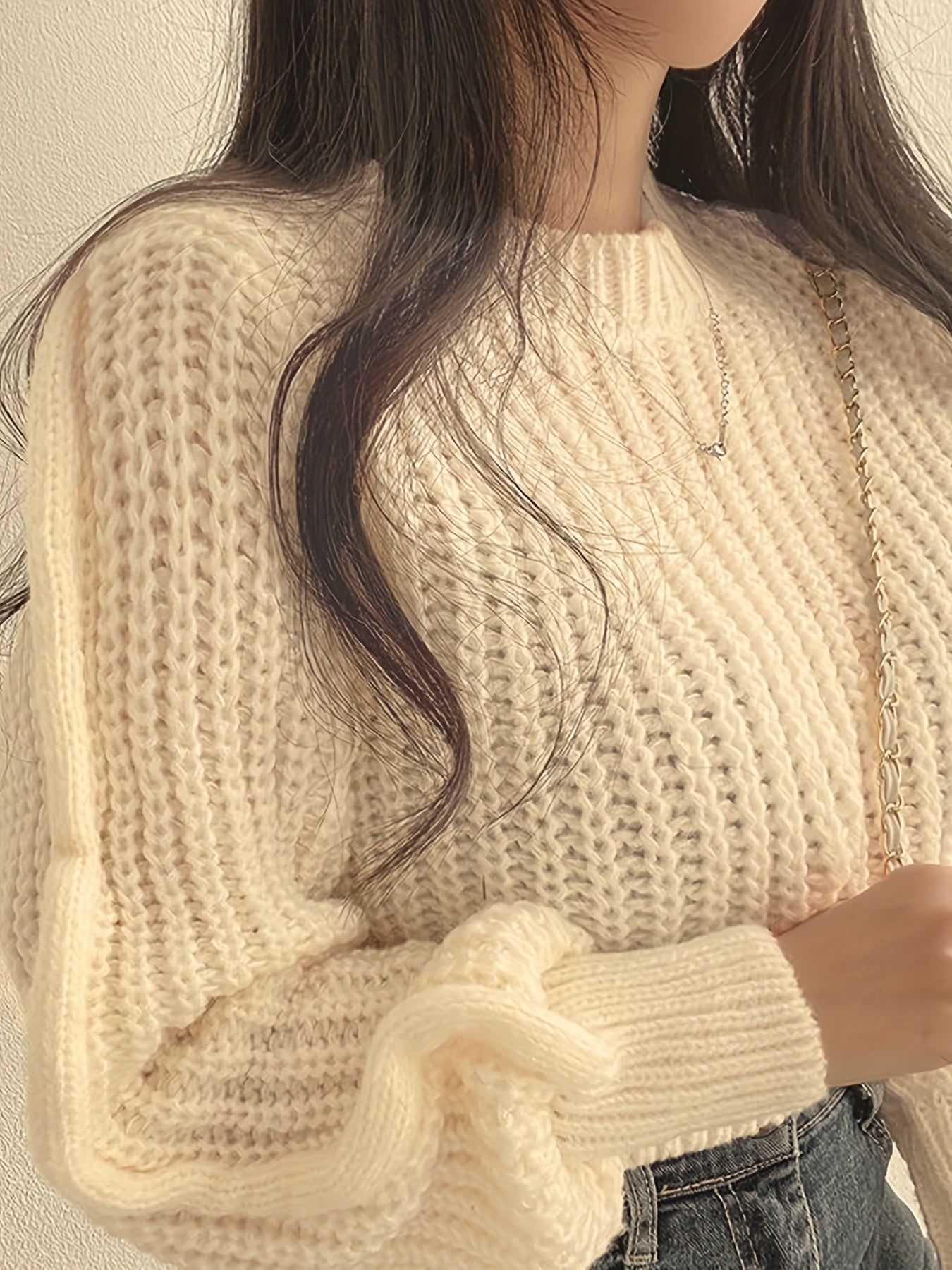 Solid Crew Neck Chunky Knit Sweater, Casual Long Sleeve Crop Pullover Sweater, Women's Clothing