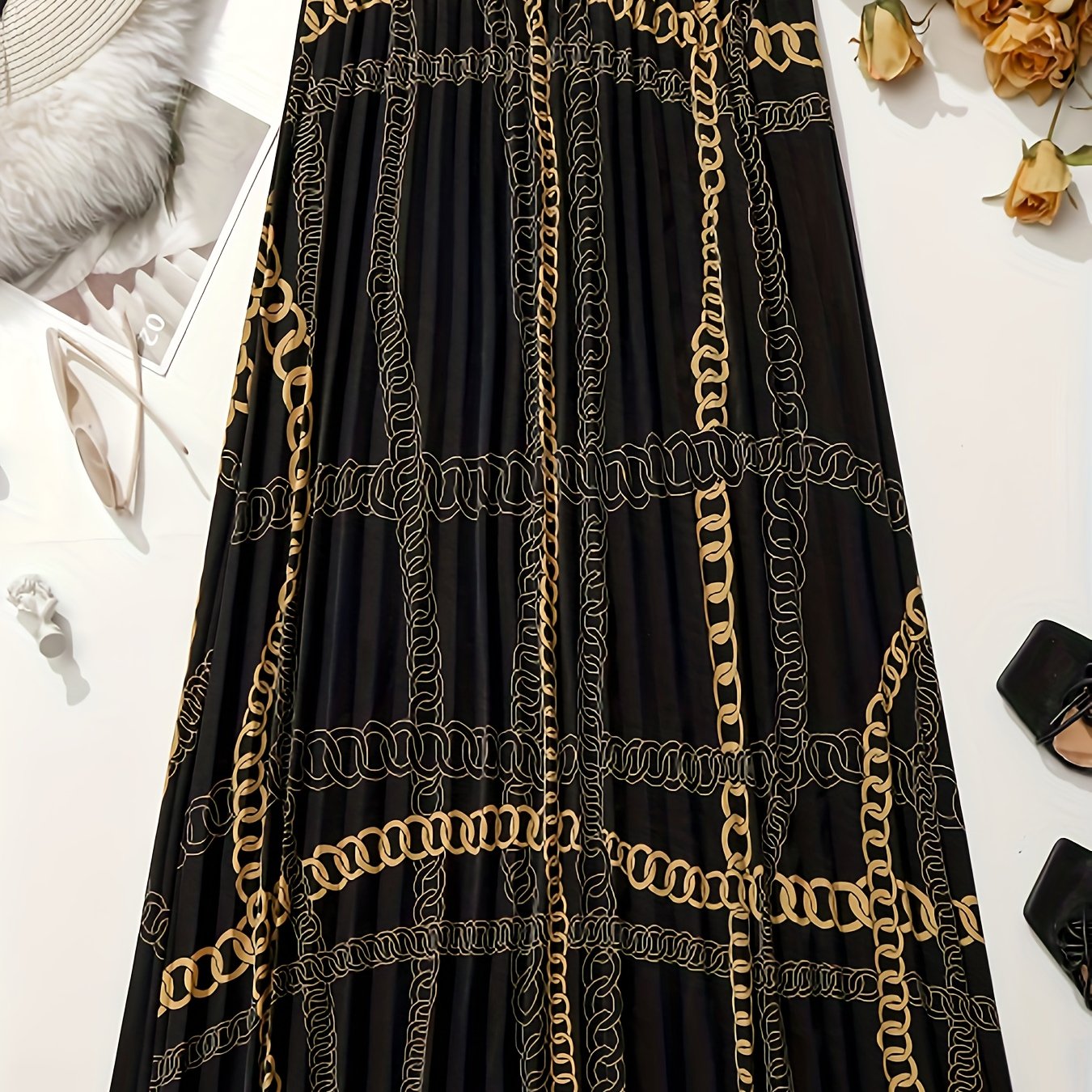 Plus Size Elegant Skirt, Women's Plus Baroque Print Slight Stretch Contrast Tape Pleated Maxi Skirt