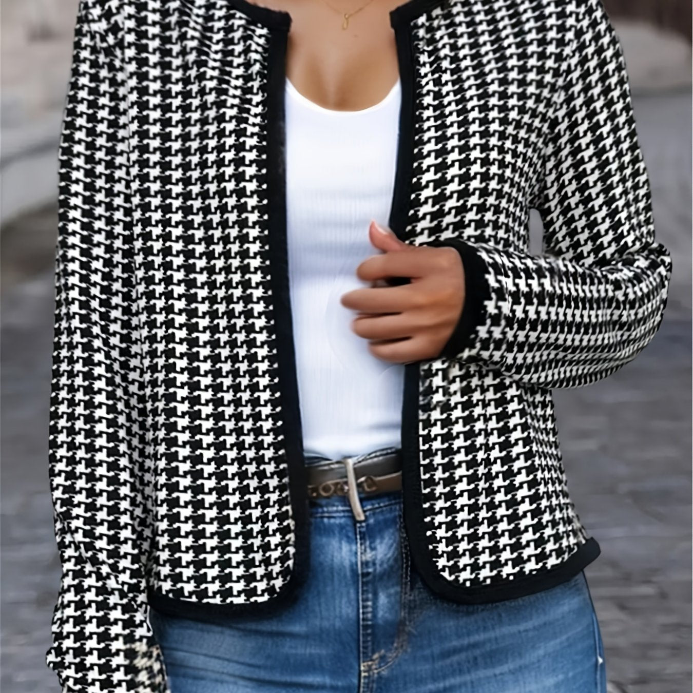 Plaid Print Crew Neck Long Sleeve Crop Jacket, Casual Loose Comfy Stylish Open Front Outerwear, Women's Clothing