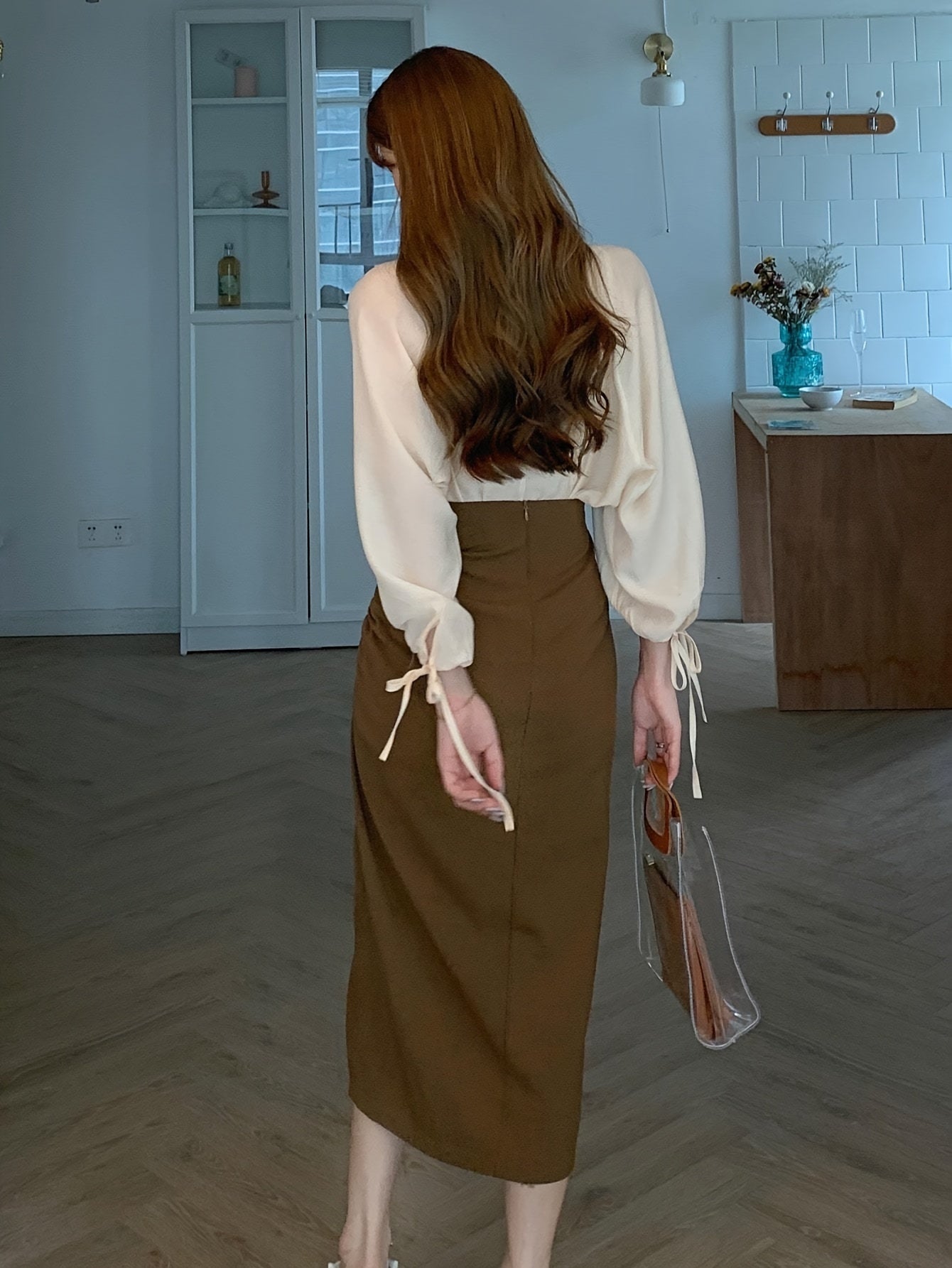 vlovelaw Solid Ruched Split Hem Skirt, Versatile High Waist Skirt For Spring & Fall, Women's Clothing