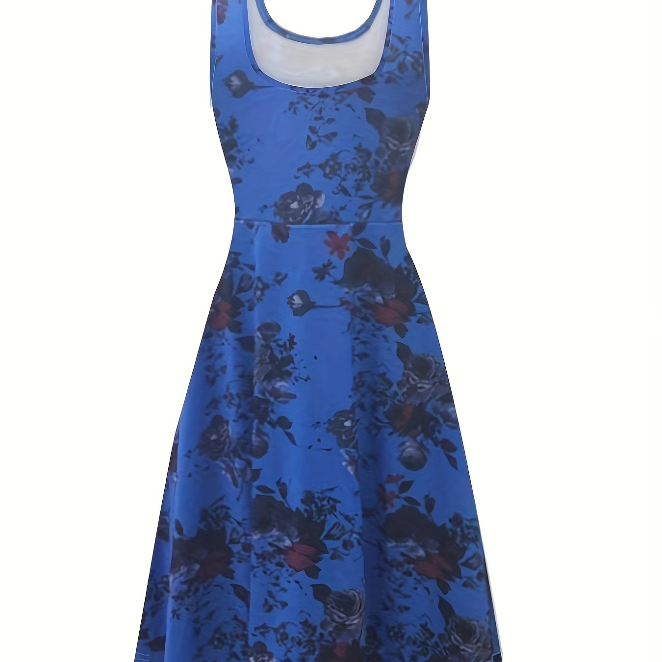 vlovelaw Plus Size Elegant Dress, Women's Plus Floral Print Round Neck Medium Stretch Tank Dress