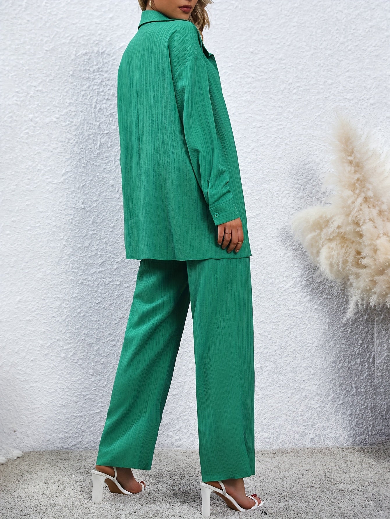 vlovelaw Solid Casual Two-piece Set, Button Front Long Sleeve Shirt & Wide Leg Pants Outfits, Women's Clothing
