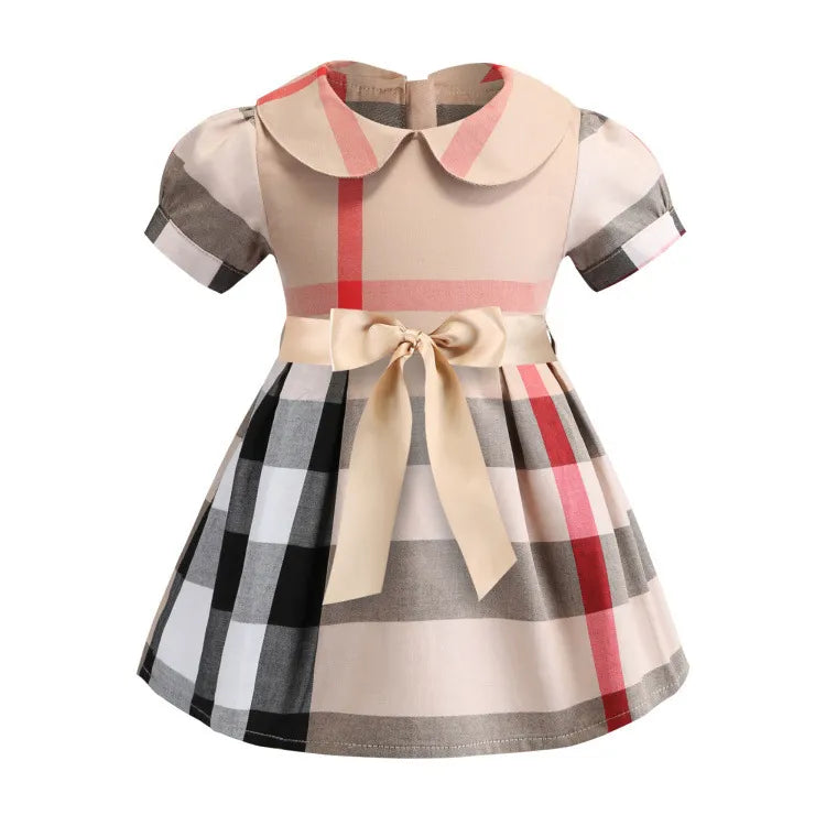 Baby Girls Summer Princess Dresses Cotton Kids Short Sleeve A-Line Dress Children Plaid Skirts Girl Skirt 2-7 Years
