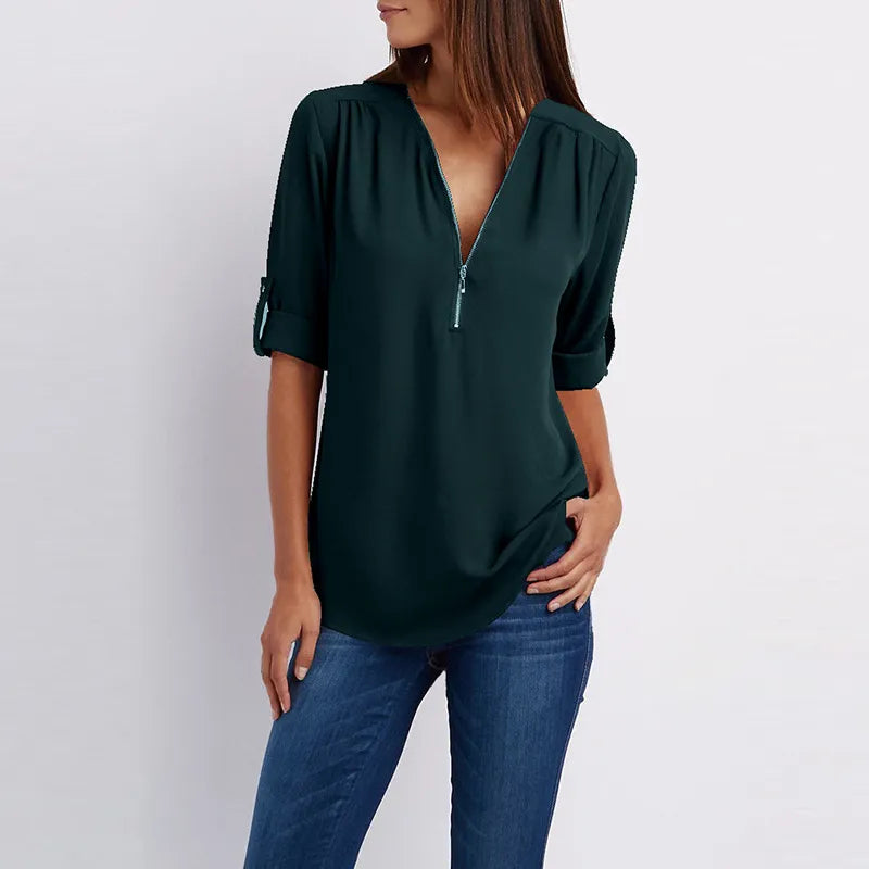 Women Summer Shirt Fashion V Neck Chiffon T-Shirts Casual Short Sleeve Loose Zipper Tops Blouse New