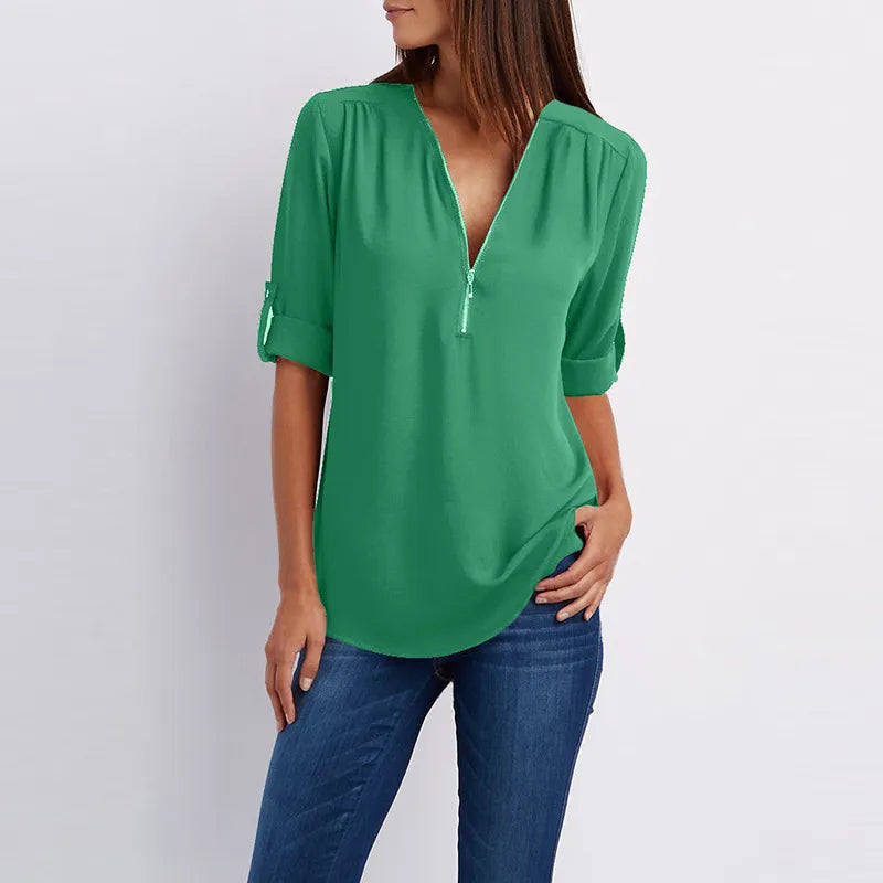 Women Summer Shirt Fashion V Neck Chiffon T-Shirts Casual Short Sleeve Loose Zipper Tops Blouse New