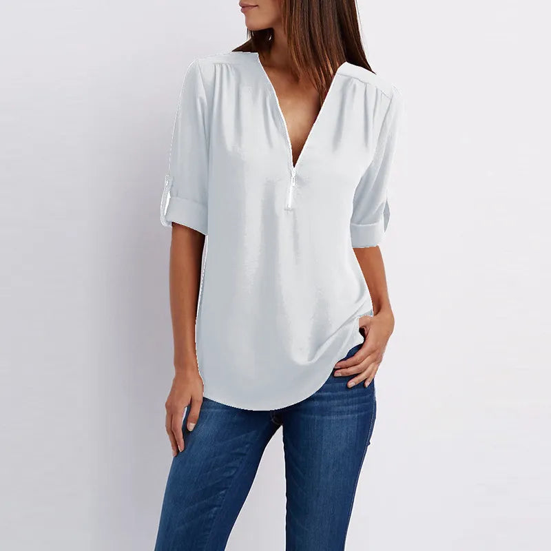 Women Summer Shirt Fashion V Neck Chiffon T-Shirts Casual Short Sleeve Loose Zipper Tops Blouse New