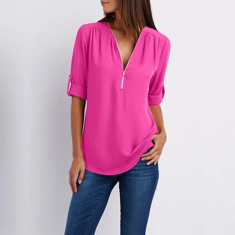 Women Summer Shirt Fashion V Neck Chiffon T-Shirts Casual Short Sleeve Loose Zipper Tops Blouse New
