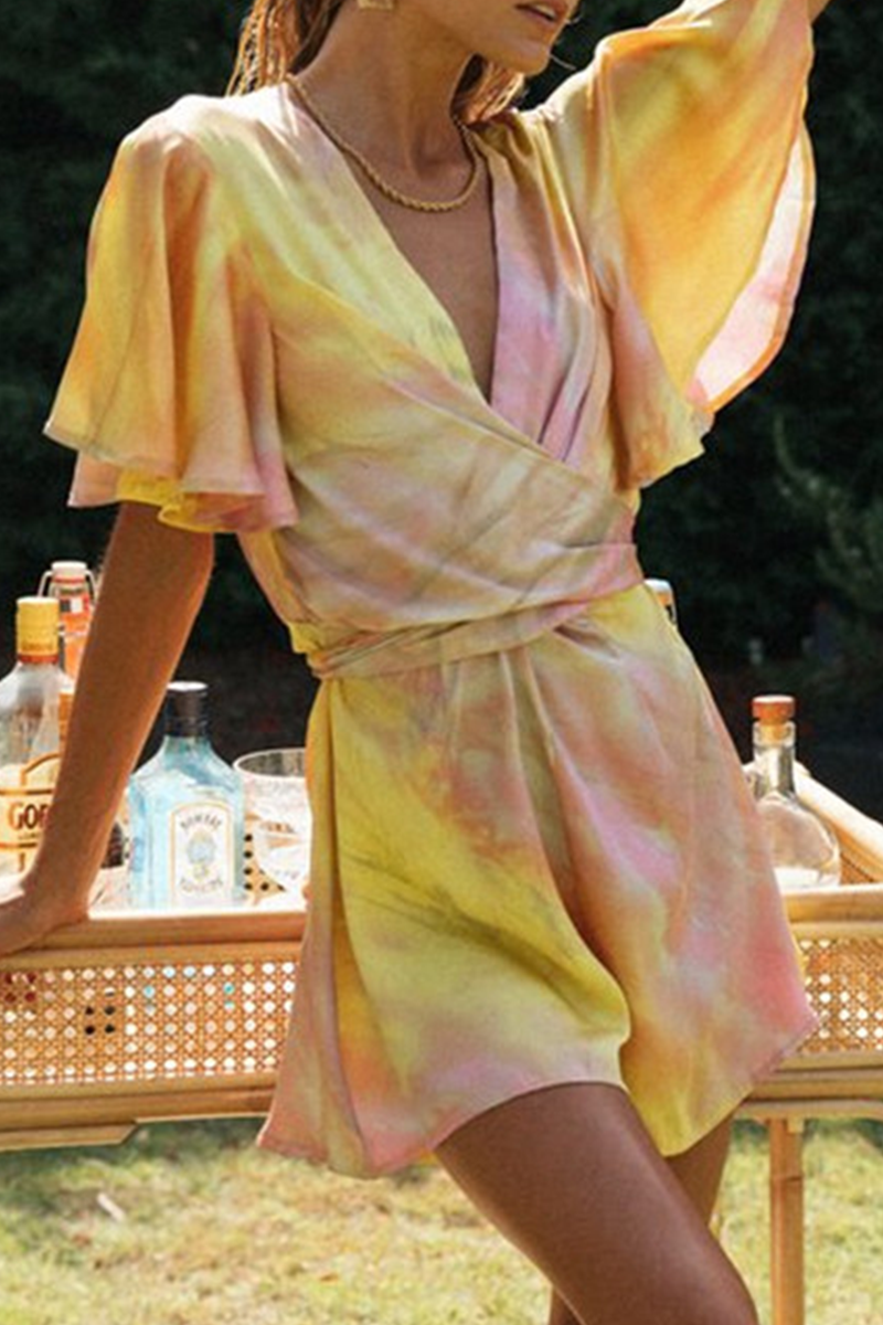 Elegant Tie Dye Patchwork Backless V Neck Jumpsuits