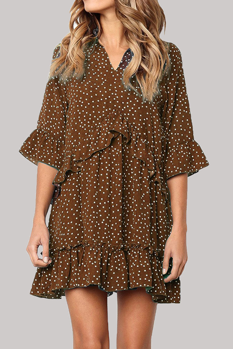 Fashion Casual Polka Dot Split Joint V Neck Princess Dresses