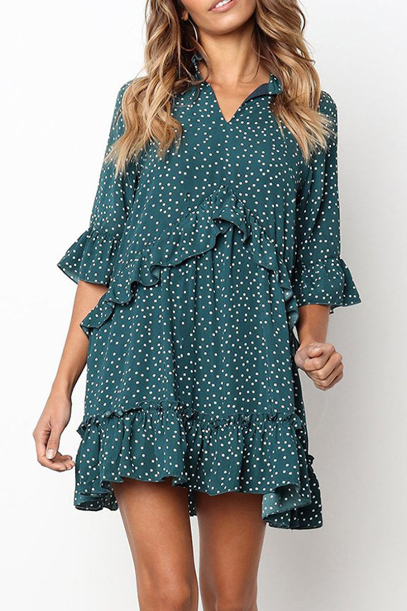 Fashion Casual Polka Dot Split Joint V Neck Princess Dresses