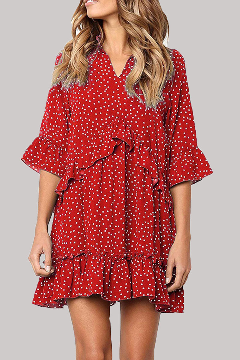 Fashion Casual Polka Dot Split Joint V Neck Princess Dresses