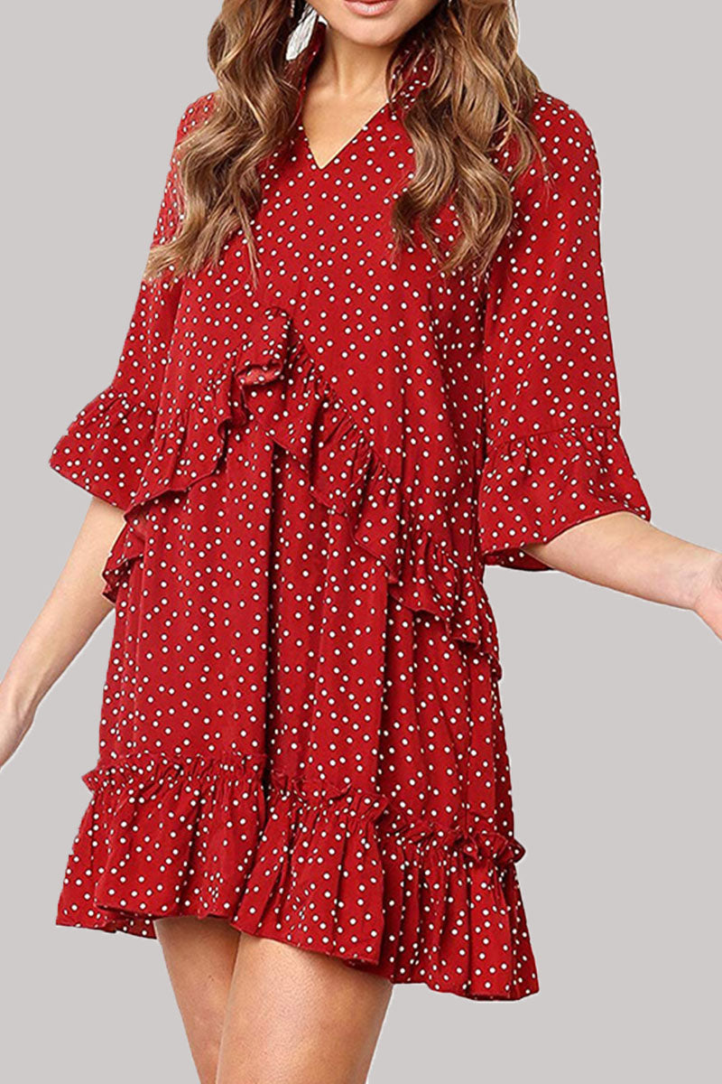 Fashion Casual Polka Dot Split Joint V Neck Princess Dresses