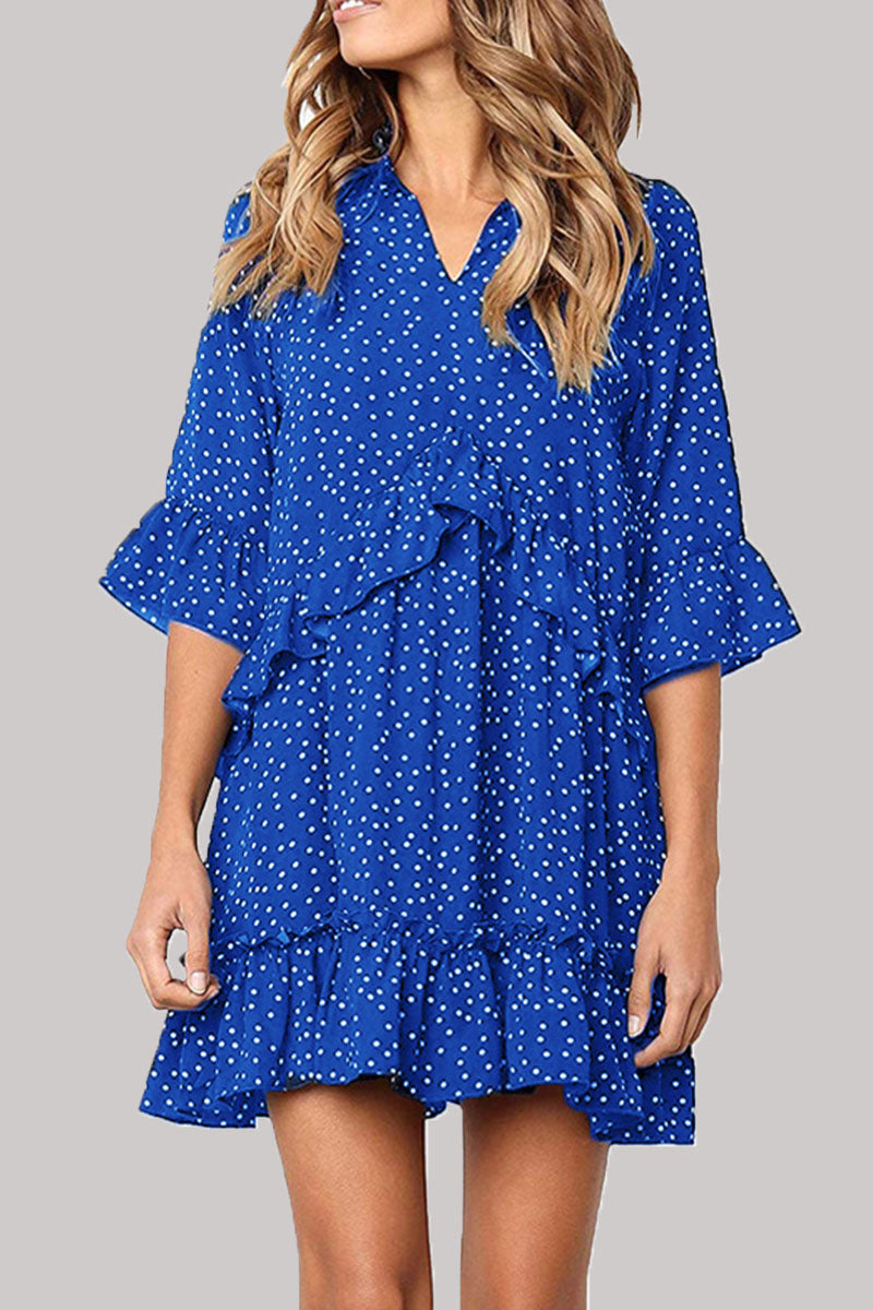 Fashion Casual Polka Dot Split Joint V Neck Princess Dresses
