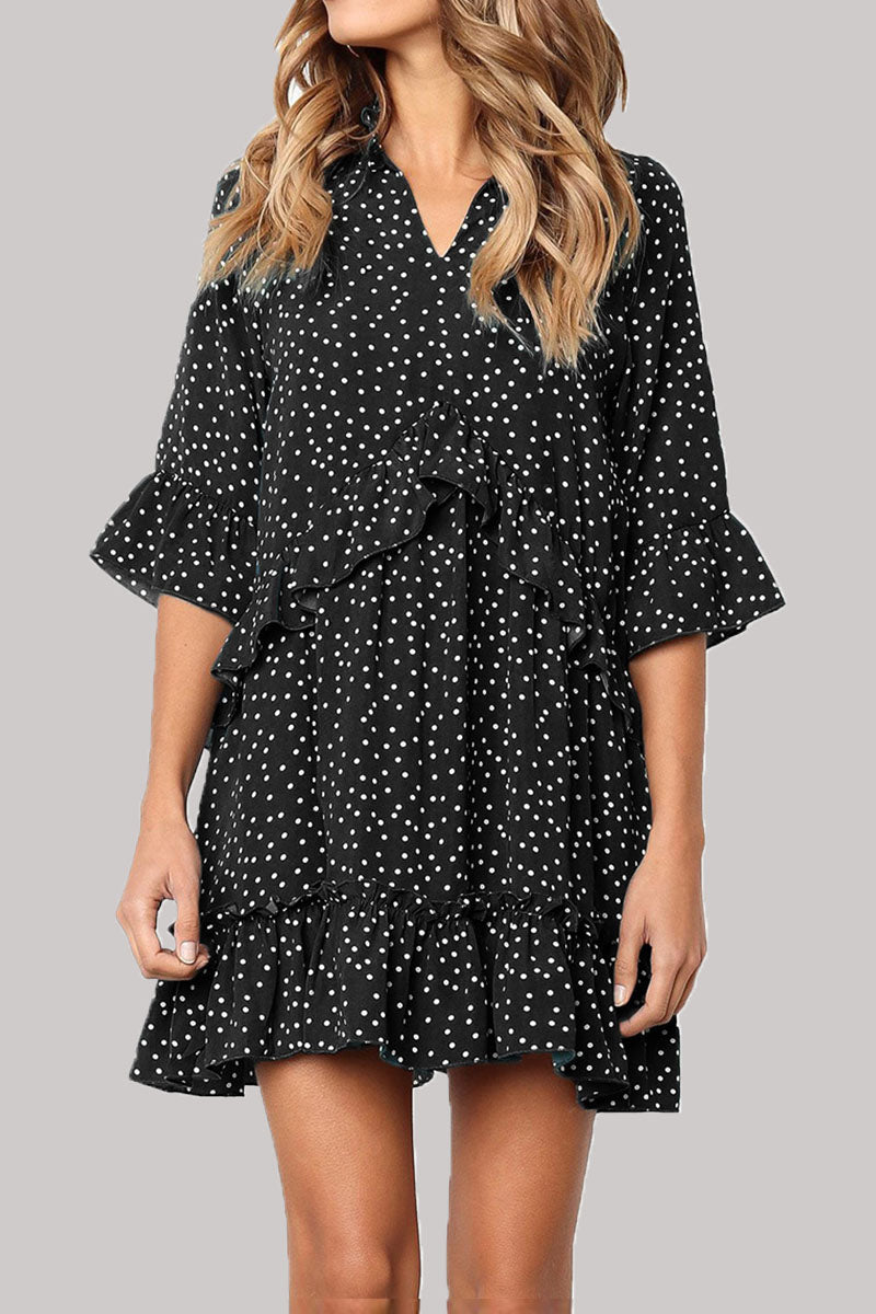 Fashion Casual Polka Dot Split Joint V Neck Princess Dresses