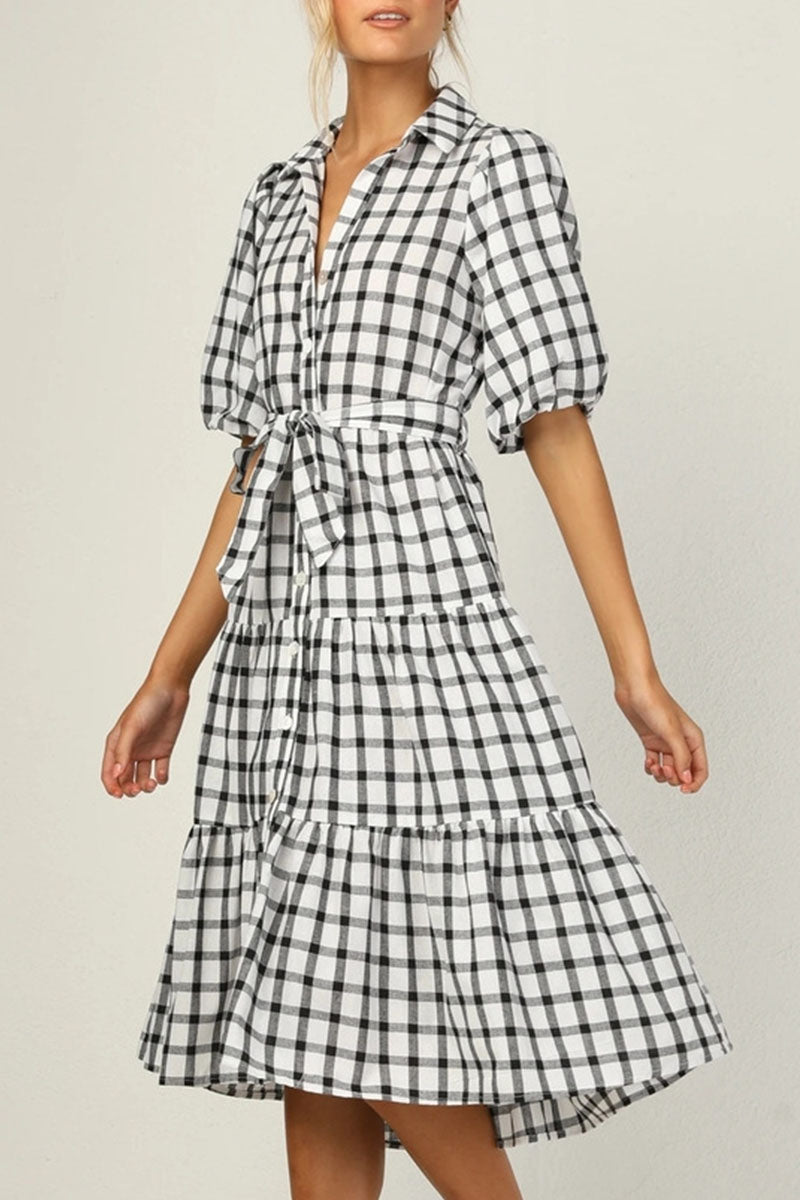 Fashion Casual Plaid Split Joint Turndown Collar A Line Dresses
