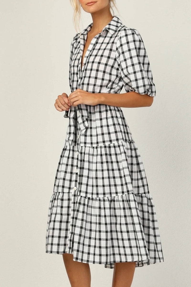 Fashion Casual Plaid Split Joint Turndown Collar A Line Dresses