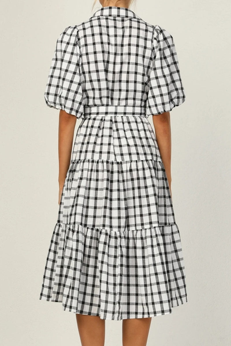 Fashion Casual Plaid Split Joint Turndown Collar A Line Dresses