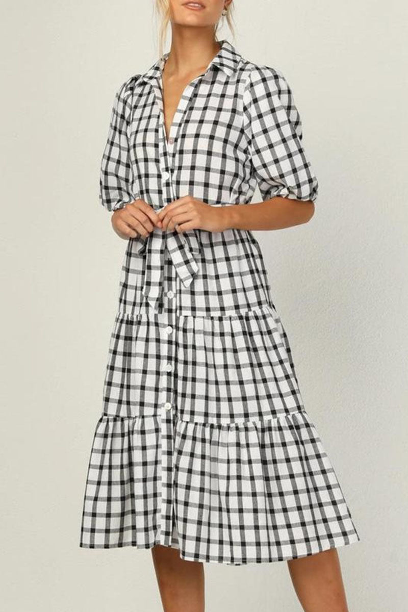 Fashion Casual Plaid Split Joint Turndown Collar A Line Dresses