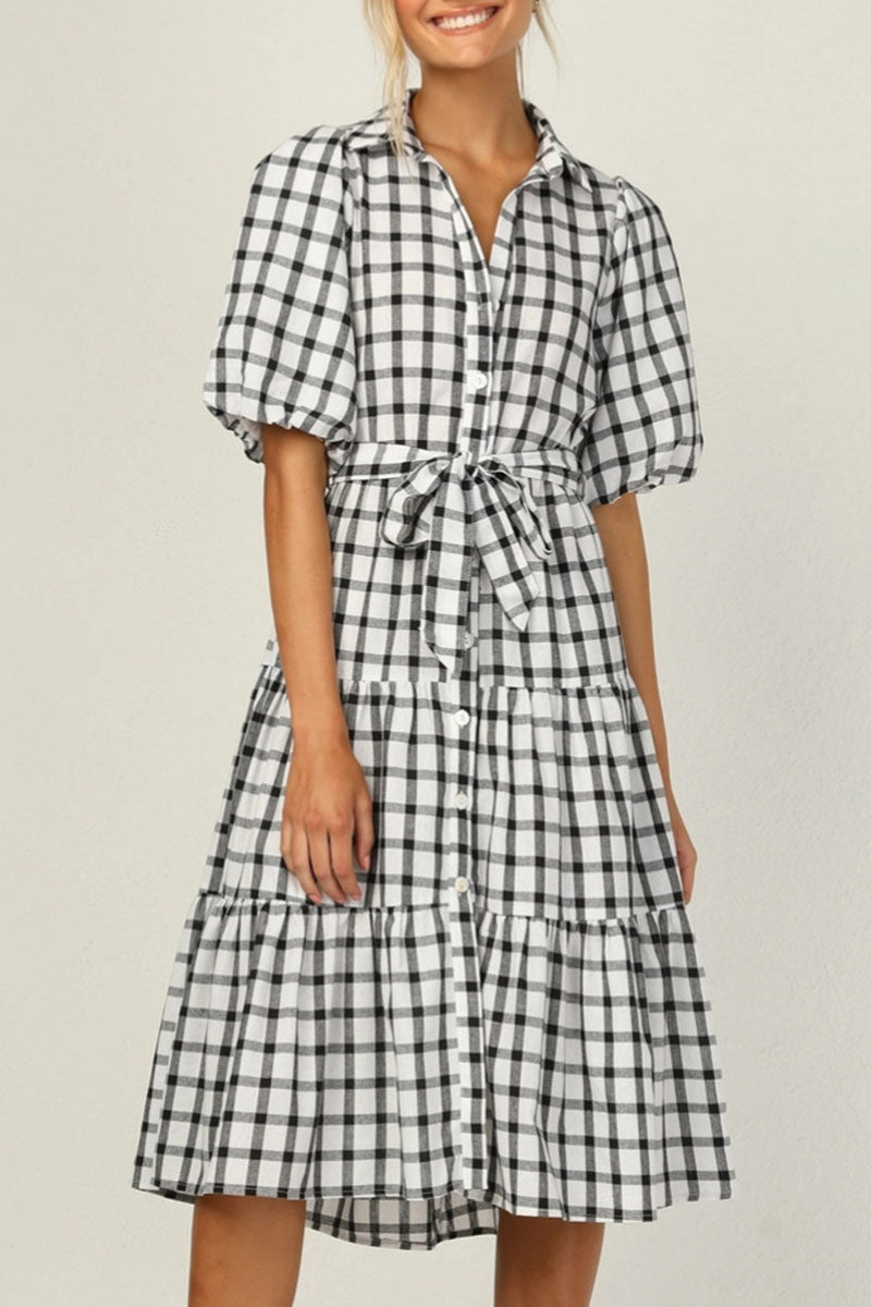 Fashion Casual Plaid Split Joint Turndown Collar A Line Dresses