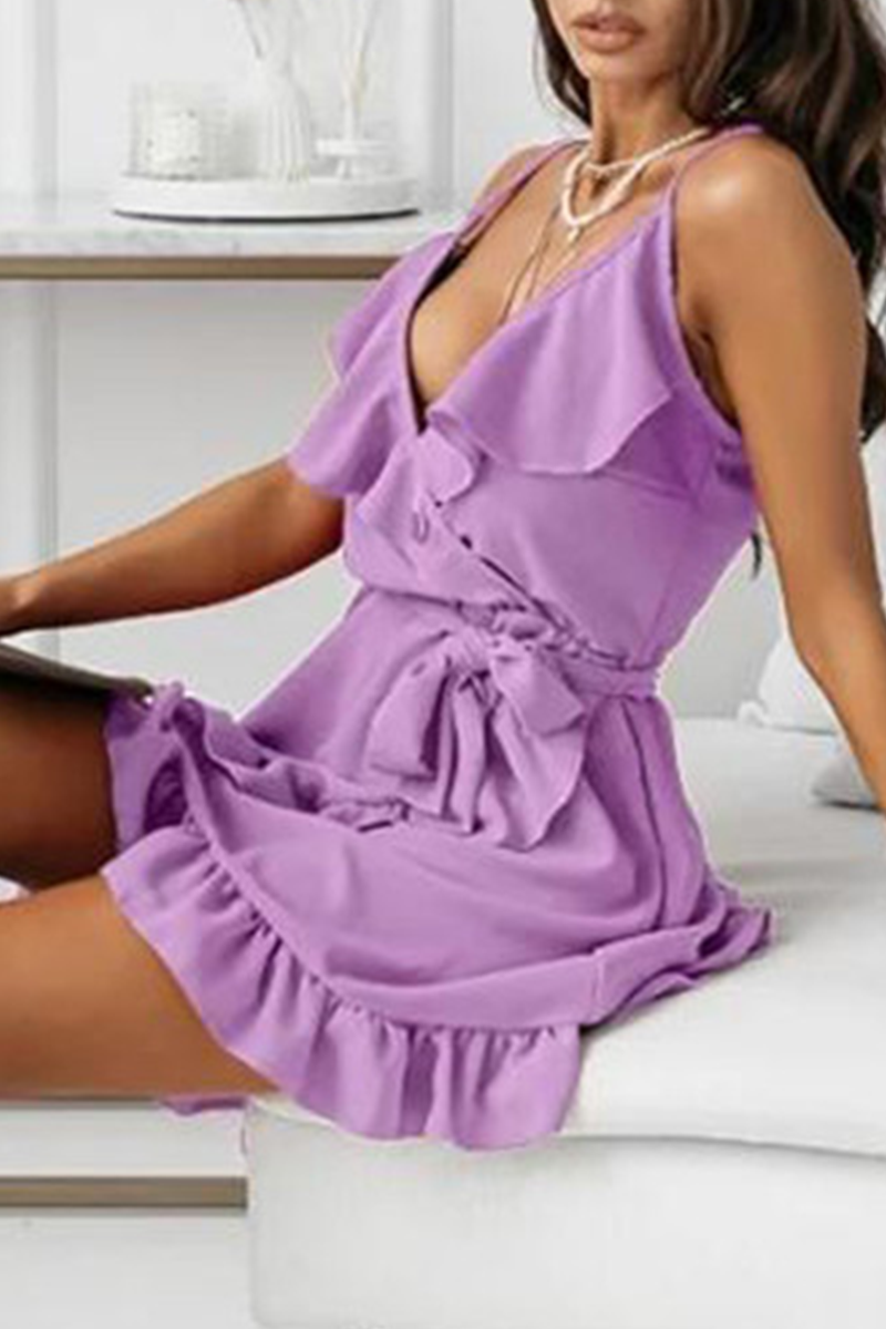 Fashion Elegant Solid Flounce Strap Design V Neck A Line Dresses(6 colors)