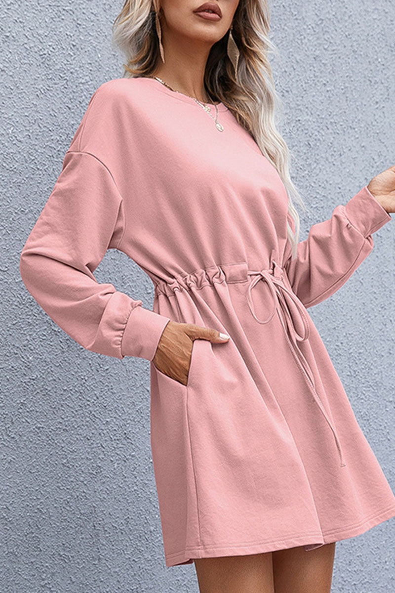 Fashion Casual Split Joint O Neck Waist Skirt Dresses