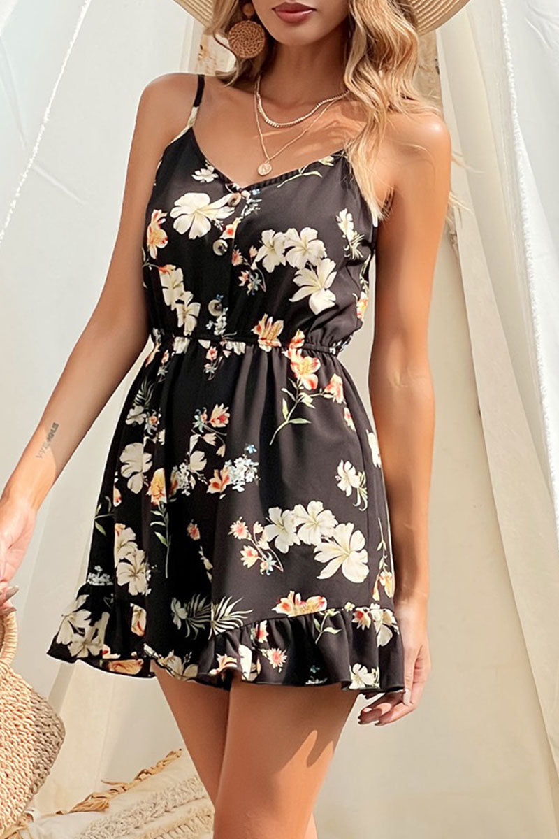Fashion Casual Print Patchwork V Neck Loose Jumpsuits