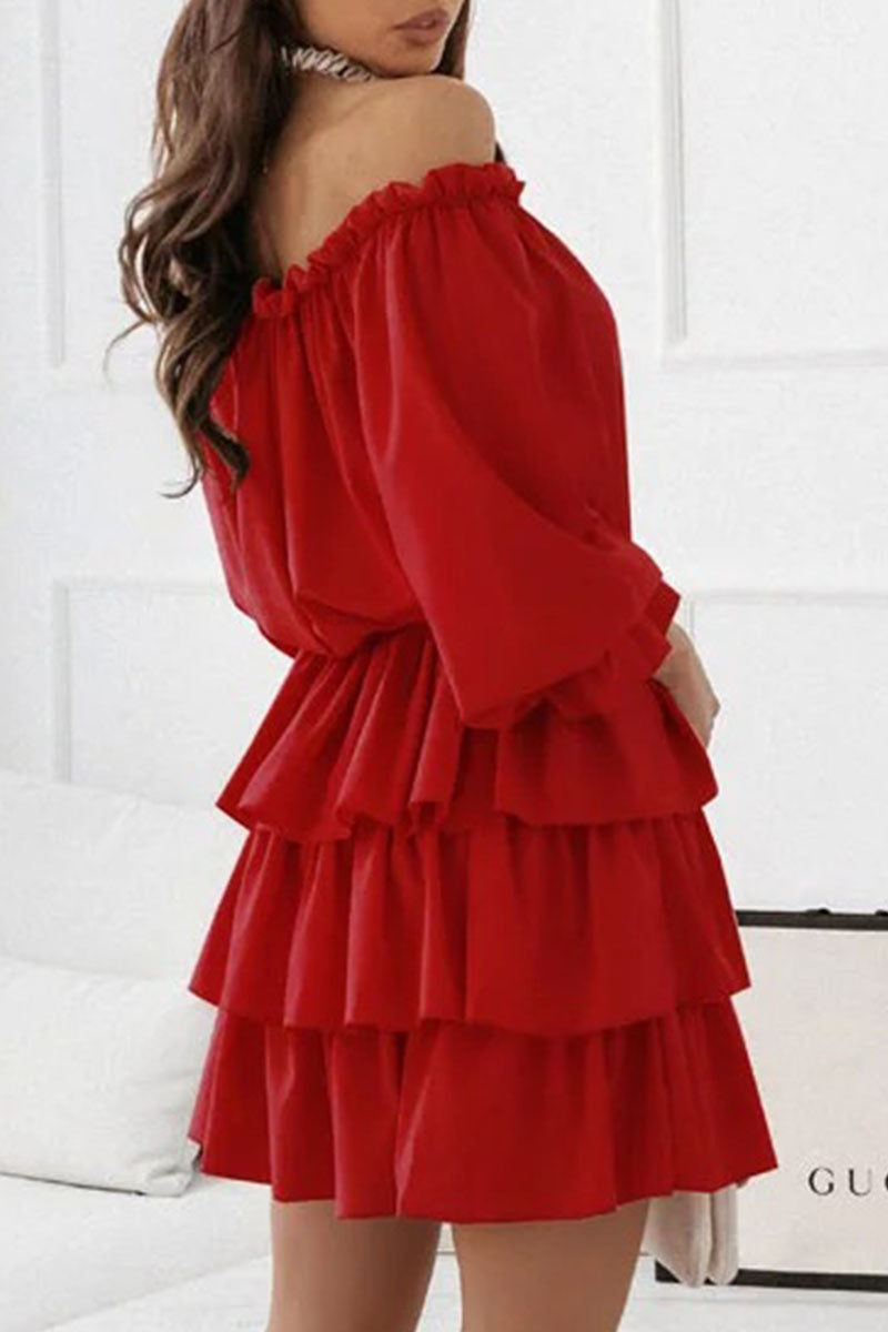 Fashion Casual Solid Split Joint Off the Shoulder Cake Skirt Dresses(6 colors)