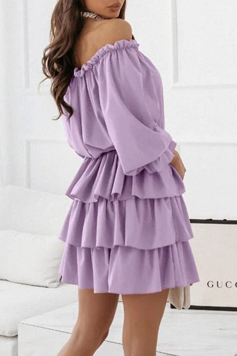 Fashion Casual Solid Split Joint Off the Shoulder Cake Skirt Dresses(6 colors)