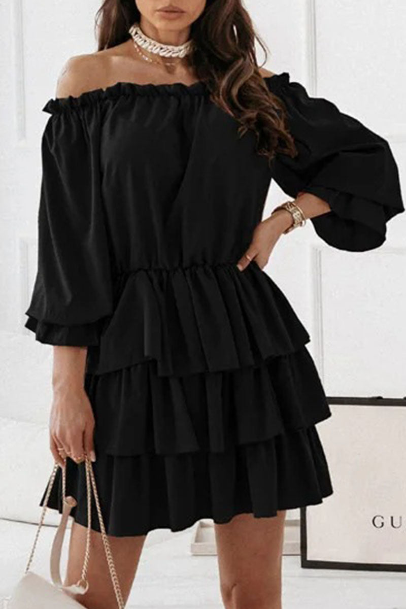 Fashion Casual Solid Split Joint Off the Shoulder Cake Skirt Dresses(6 colors)