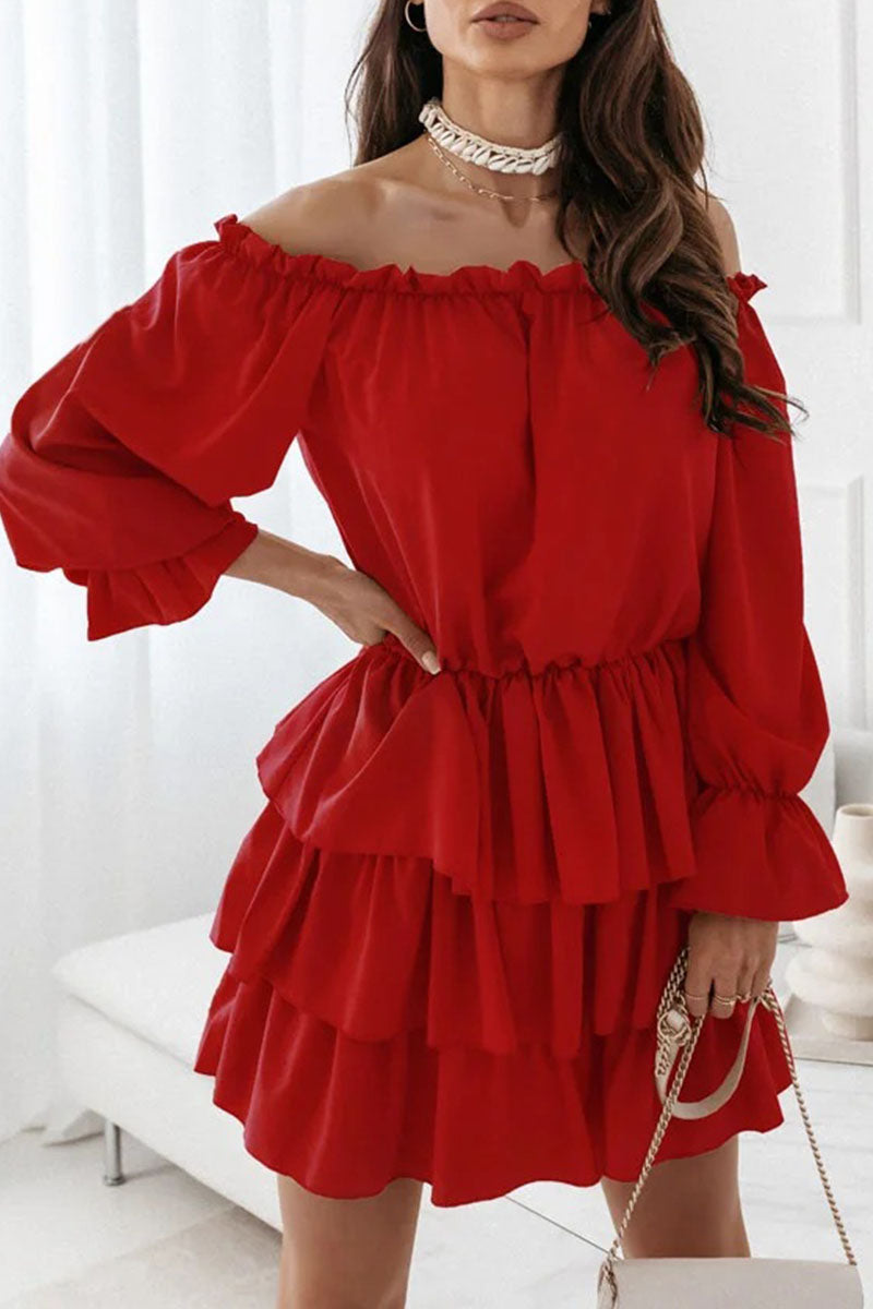 Fashion Casual Solid Split Joint Off the Shoulder Cake Skirt Dresses(6 colors)