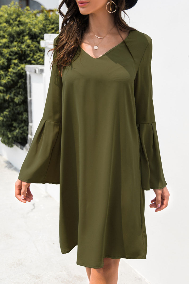 Fashion Casual Solid Patchwork V Neck A Line Dresses(3 colors)