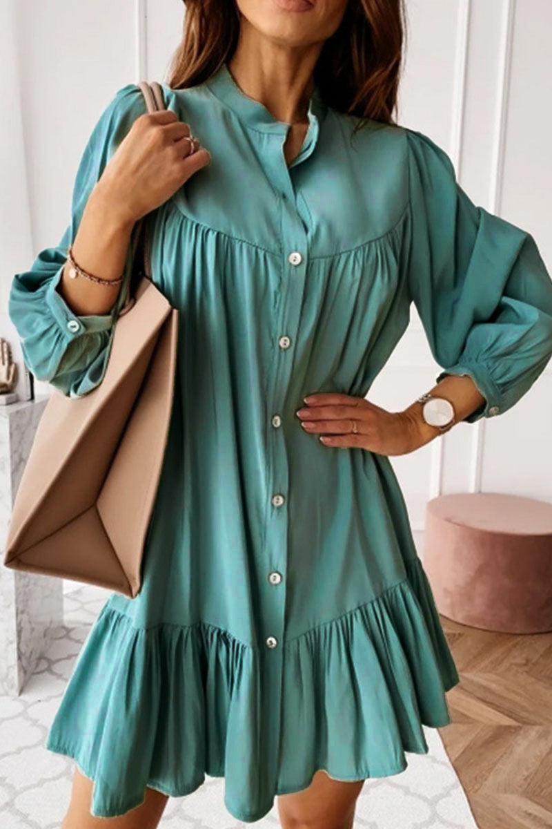 Fashion Casual Solid Split Joint Mandarin Collar A Line Dresses