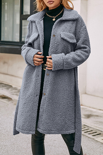 Fashion Elegant Solid Buckle With Belt Turndown Collar Outerwear