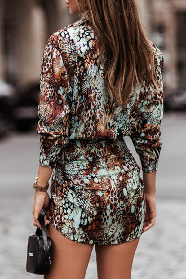 Fashion Elegant Print Buckle Strap Design Turndown Collar Waist Dresses(4 colors)