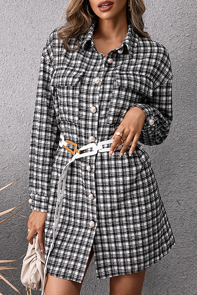 Fashion Casual Plaid Pocket Buckle Shirt Dress Dresses (Without Belt)