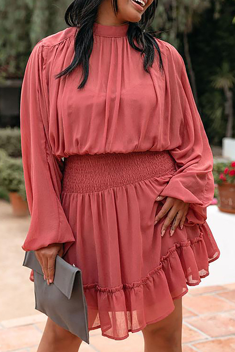 Fashion Casual Solid Flounce Fold Half A Turtleneck Waist Skirt Dresses(4 colors)