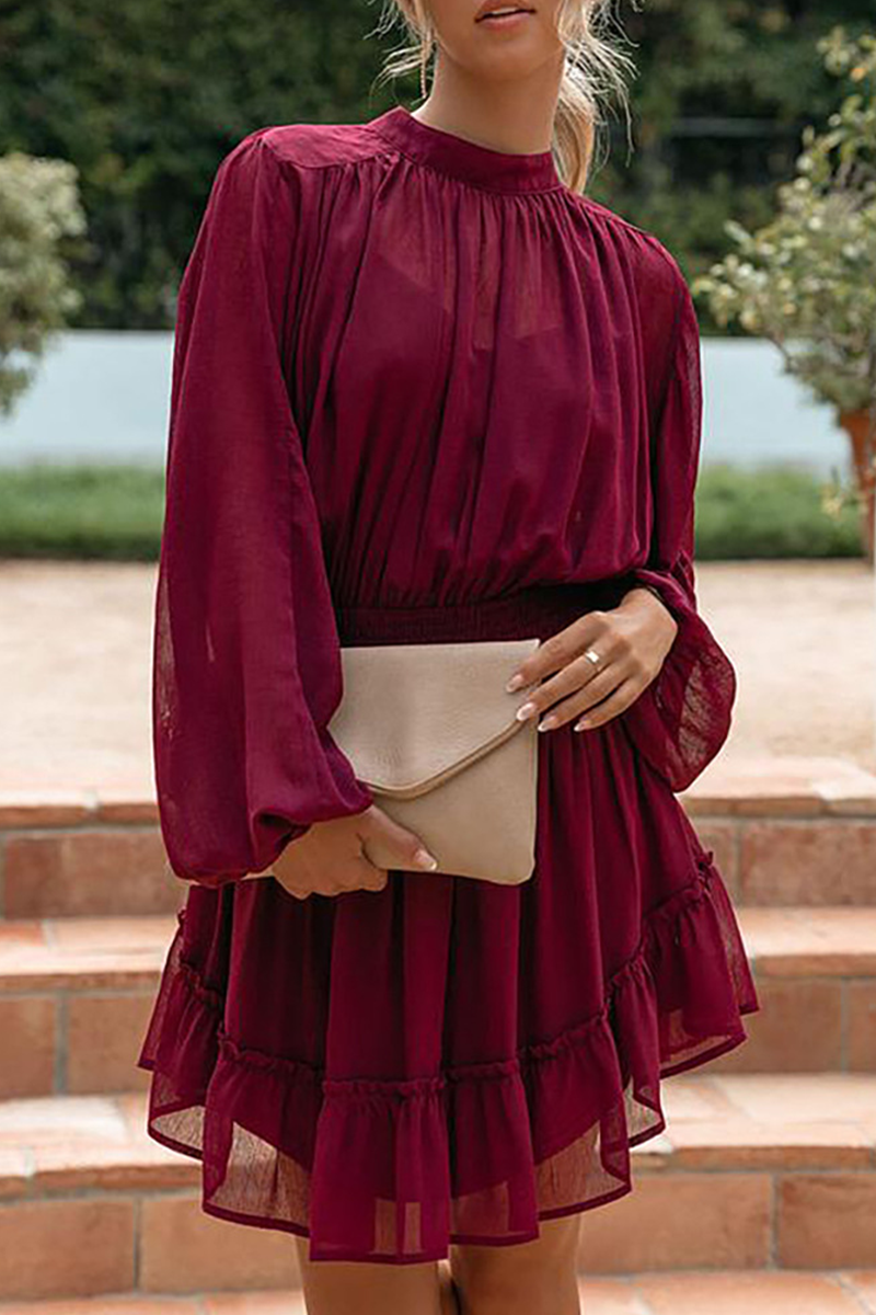 Fashion Casual Solid Flounce Fold Half A Turtleneck Waist Skirt Dresses(4 colors)