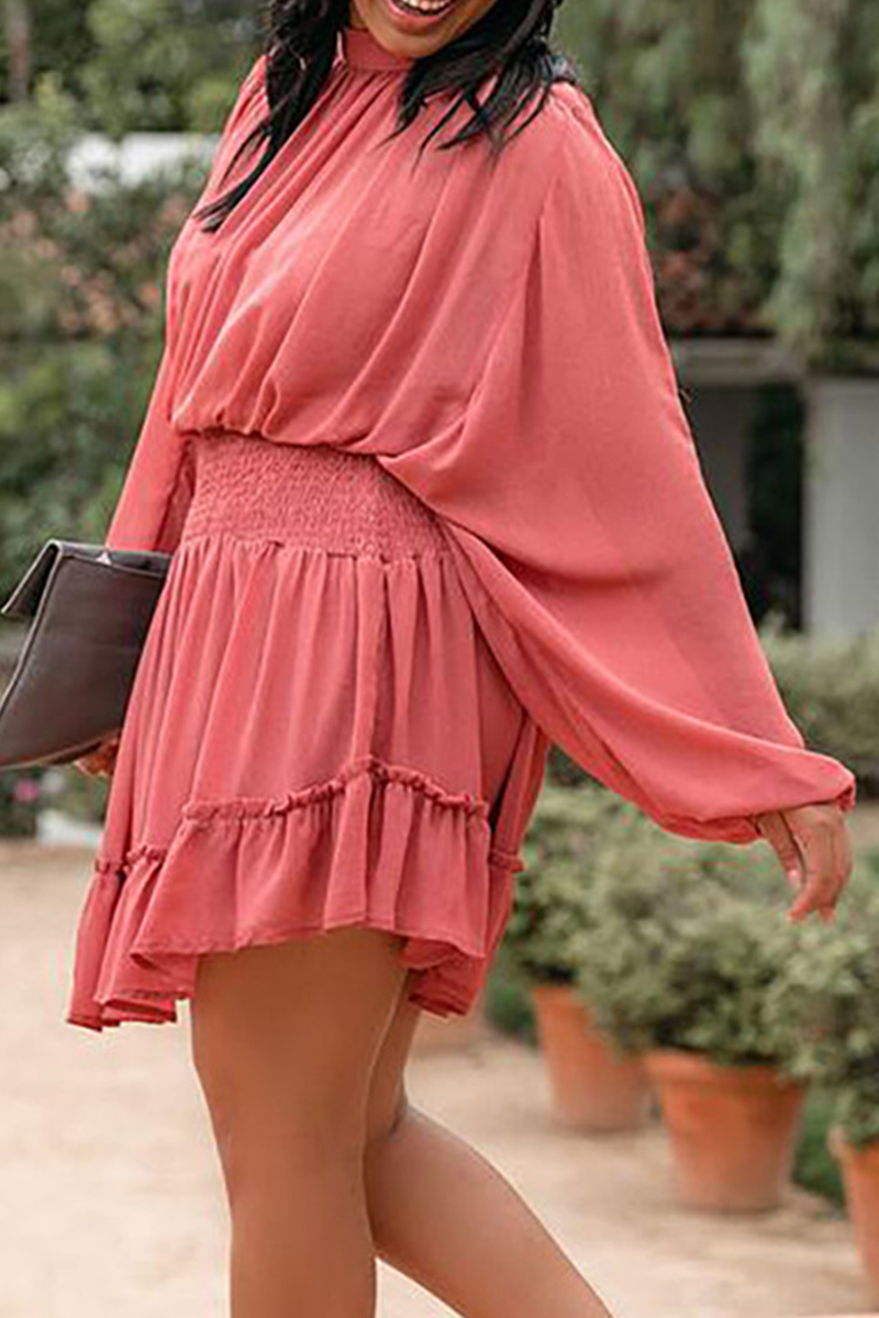 Fashion Casual Solid Flounce Fold Half A Turtleneck Waist Skirt Dresses(4 colors)