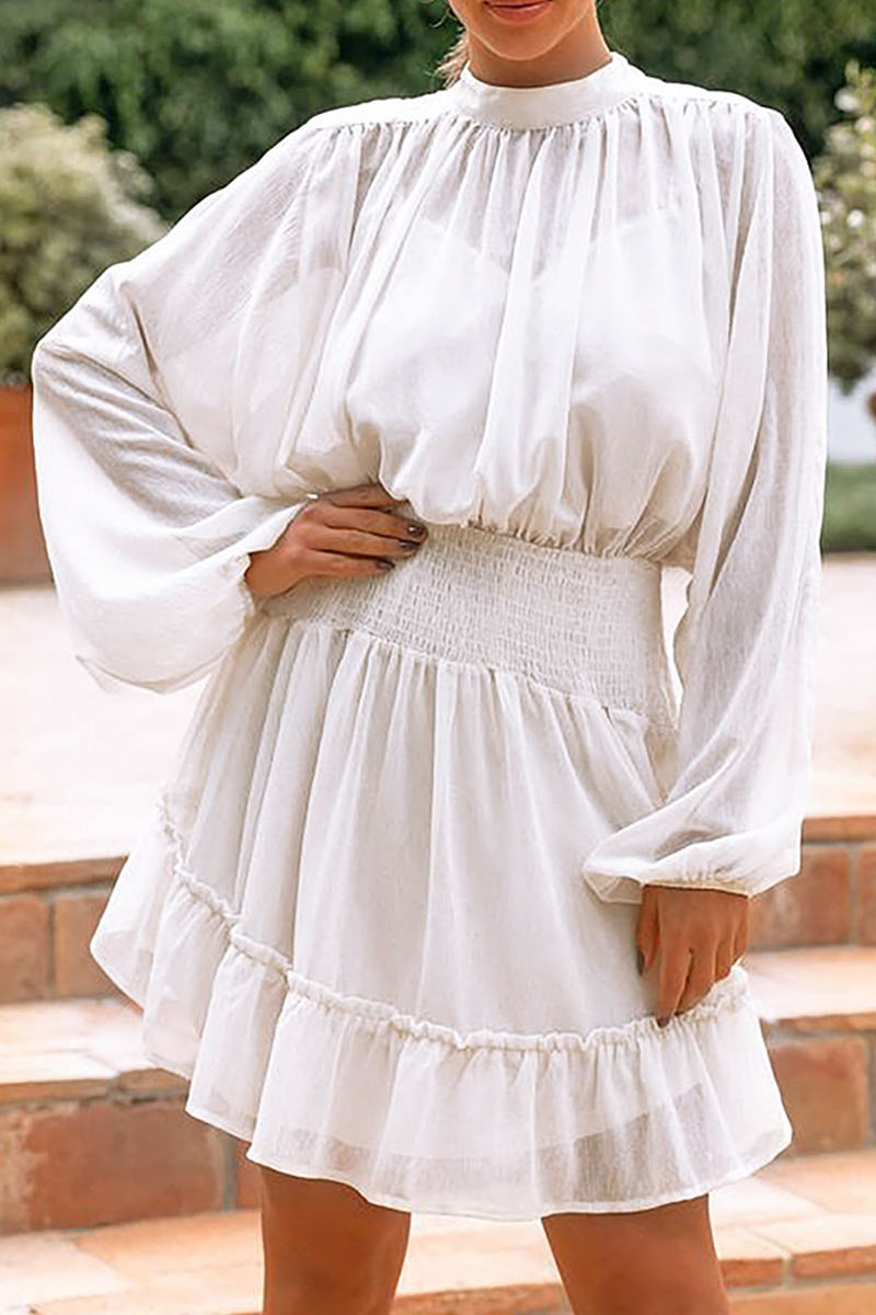 Fashion Casual Solid Flounce Fold Half A Turtleneck Waist Skirt Dresses(4 colors)