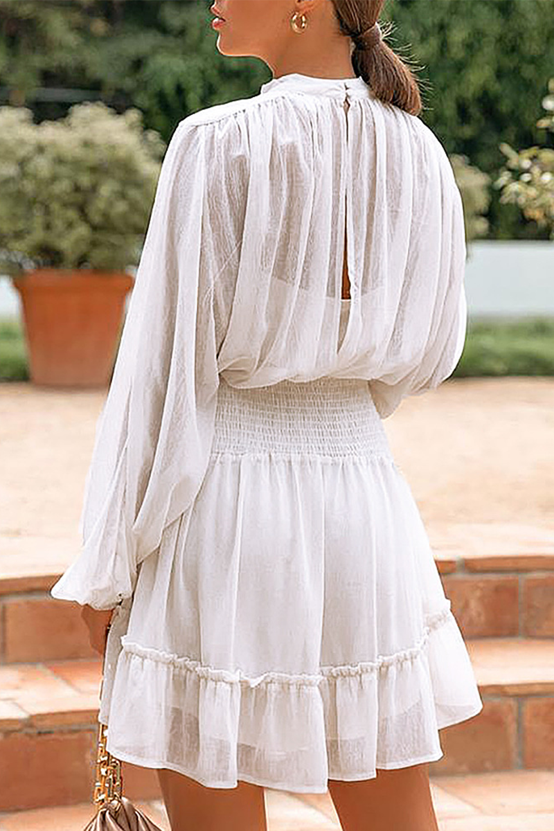 Fashion Casual Solid Flounce Fold Half A Turtleneck Waist Skirt Dresses(4 colors)