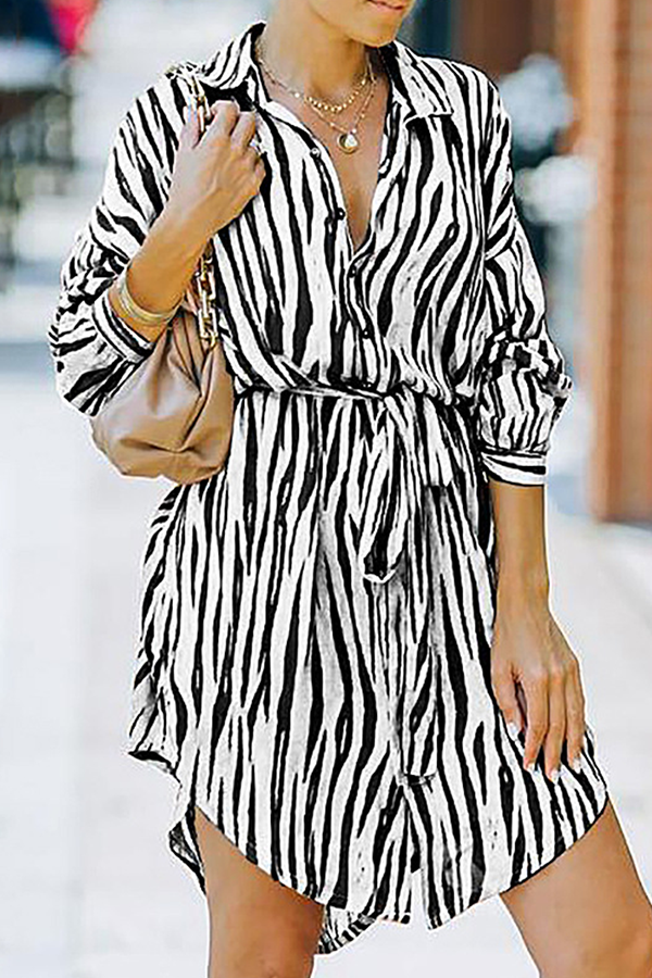 Fashion Casual Striped Buckle With Belt Turndown Collar Shirt Dress Dresses(7 colors)