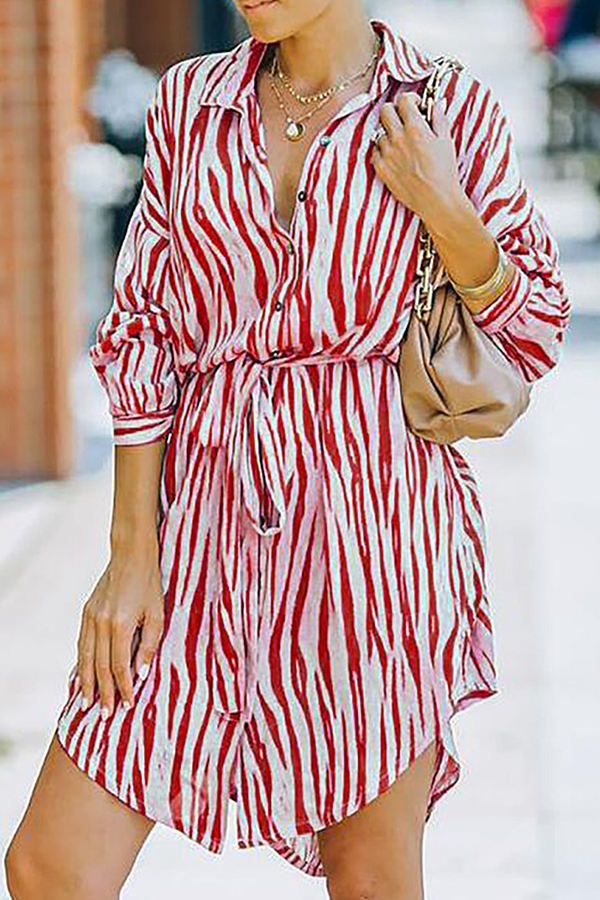 Fashion Casual Striped Buckle With Belt Turndown Collar Shirt Dress Dresses(7 colors)