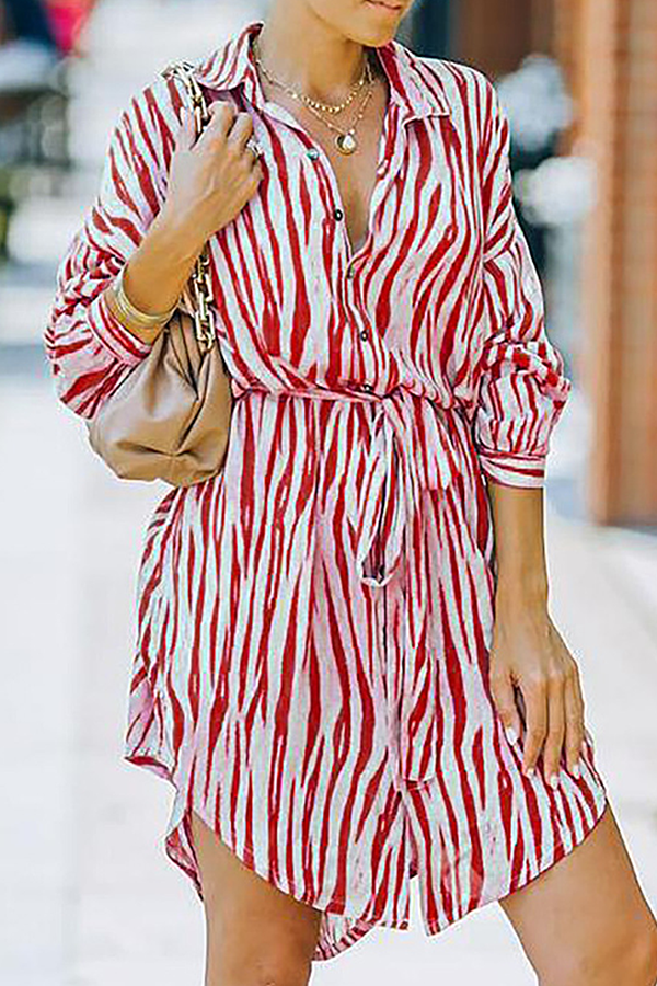 Fashion Casual Striped Buckle With Belt Turndown Collar Shirt Dress Dresses(7 colors)