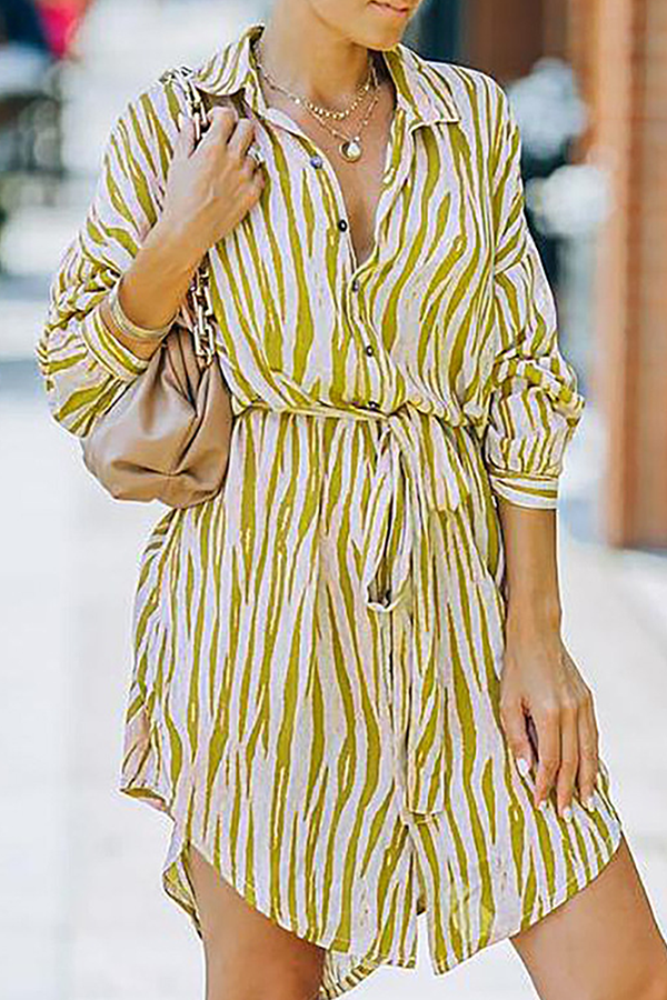 Fashion Casual Striped Buckle With Belt Turndown Collar Shirt Dress Dresses(7 colors)