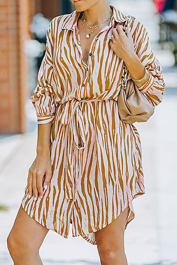Fashion Casual Striped Buckle With Belt Turndown Collar Shirt Dress Dresses(7 colors)