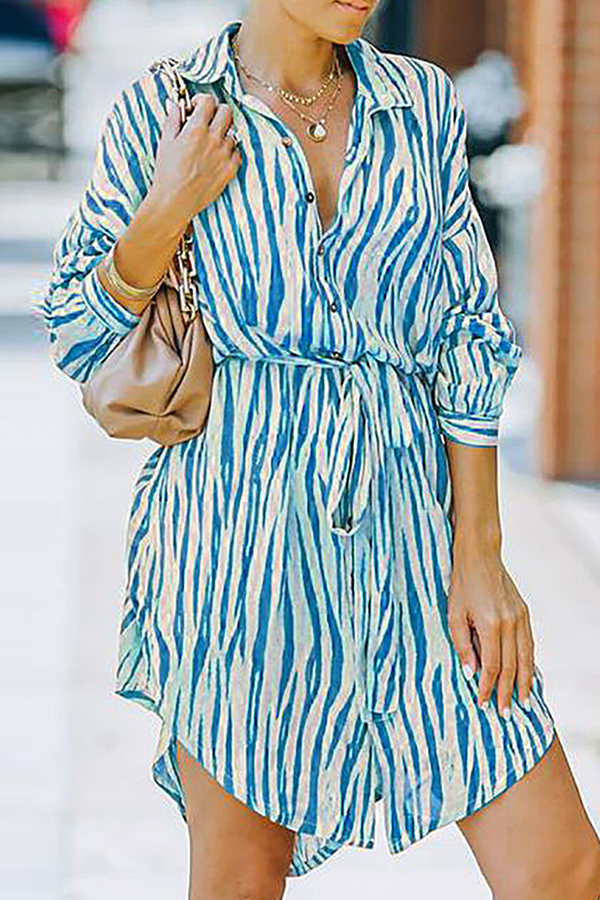 Fashion Casual Striped Buckle With Belt Turndown Collar Shirt Dress Dresses(7 colors)