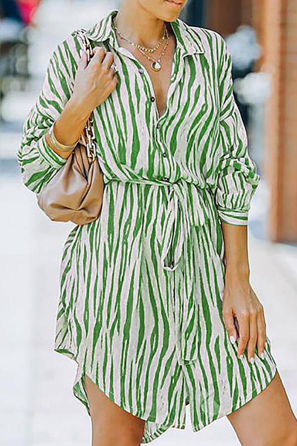 Fashion Casual Striped Buckle With Belt Turndown Collar Shirt Dress Dresses(7 colors)