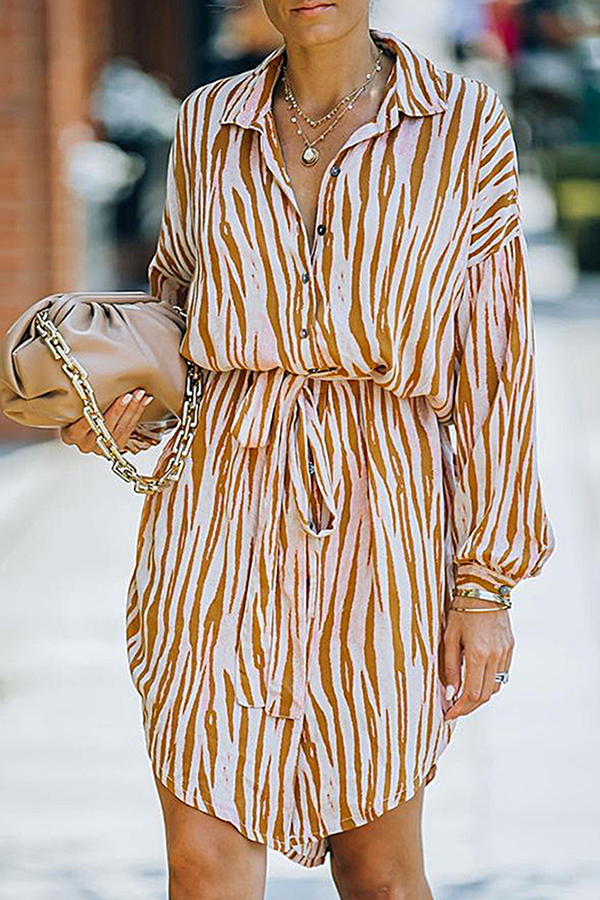Fashion Casual Striped Buckle With Belt Turndown Collar Shirt Dress Dresses(7 colors)