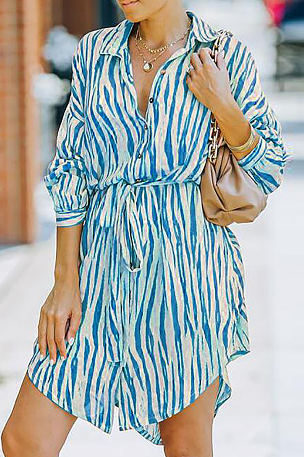 Fashion Casual Striped Buckle With Belt Turndown Collar Shirt Dress Dresses(7 colors)